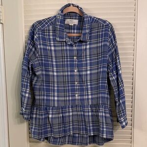 Birds of Paradis by Trovata Intermix Blue Flannel Plaid Peplum Top Shirt Large